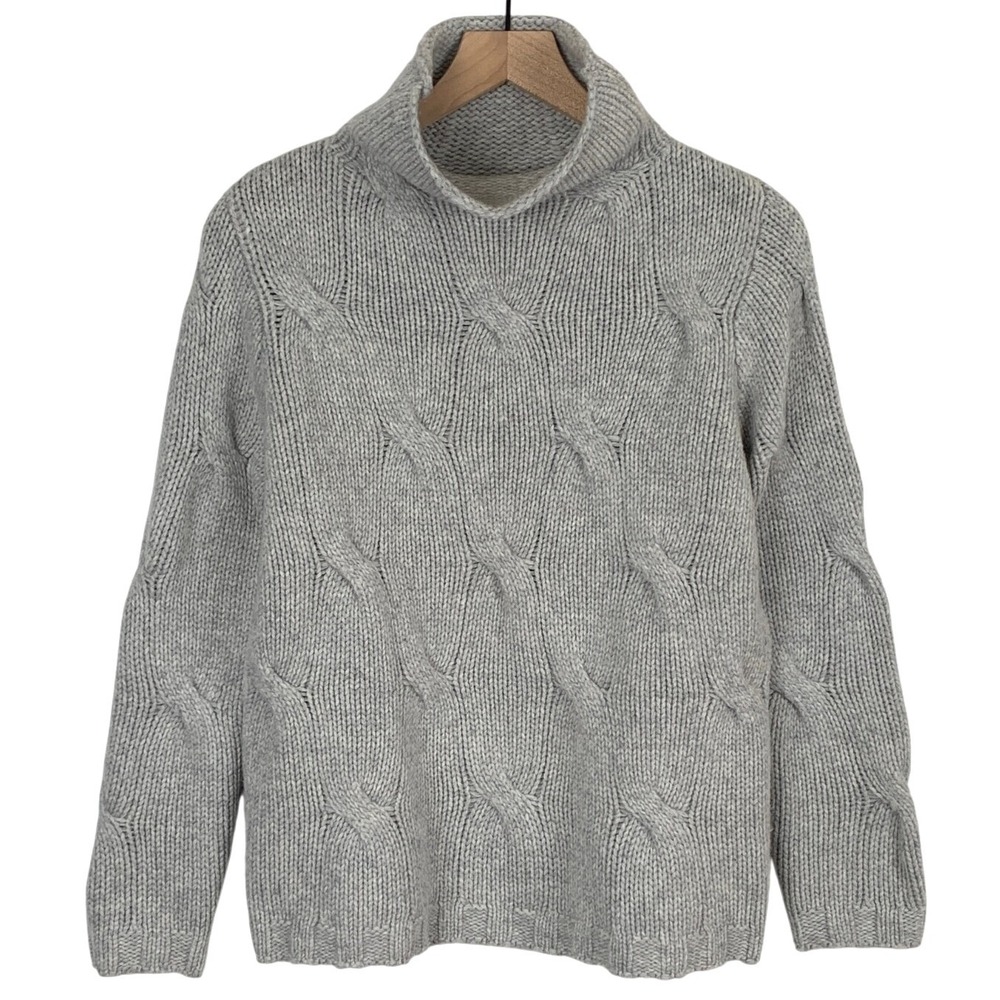 ALASHAN Cable Knit Cashmere Turtleneck Sweater Size S Grey Chunky Pullover Cozy